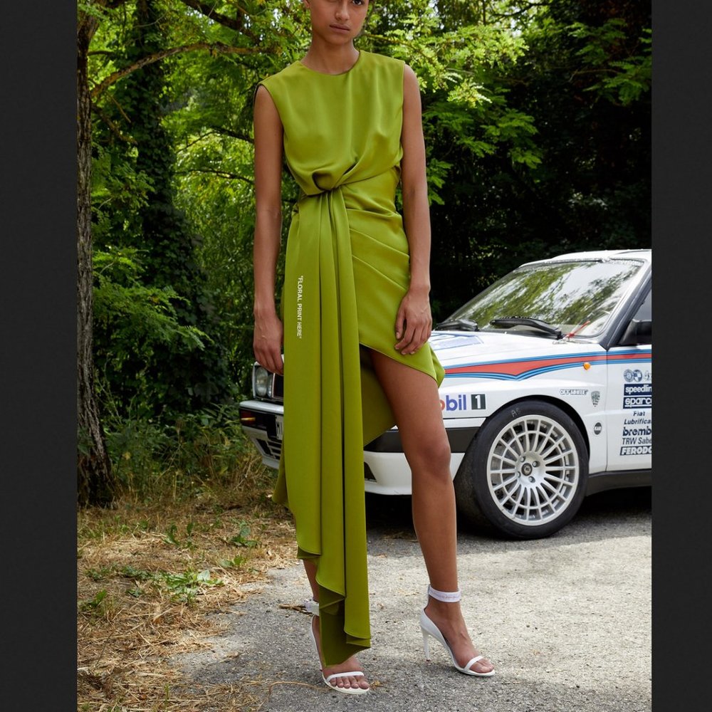 Auc NWT Off-White "Floral Print Here" Asymmetric Crepe De Chine Dress - Picture 6 of 17